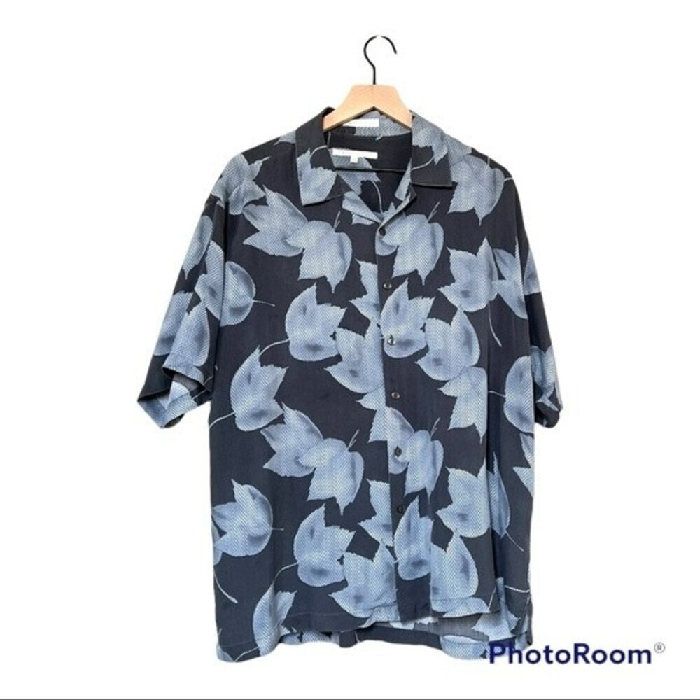 Perry Ellis Silk Mens Shirt Button Down Gray Black Hawaiian Leafy